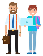 Stylish businessmen and teenager. Smiling boy with schoolbag holding opened laptop. A man with beard in a shirt and tie holding in his hand a briefcase. Couple of family characters father and son