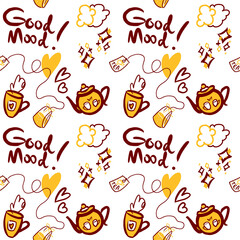 Hand-drawn Good Morning seamless pattern in yellow and red colors  colors on white background. There are cute stylized cartoon teapots, cups with hearts and sparkles with confetti