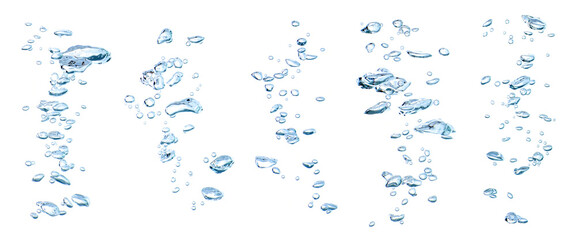 collection water bubble blue oxygen air, in underwater clear liquid with bubbles flowing up on the water surface, isolated on a white background