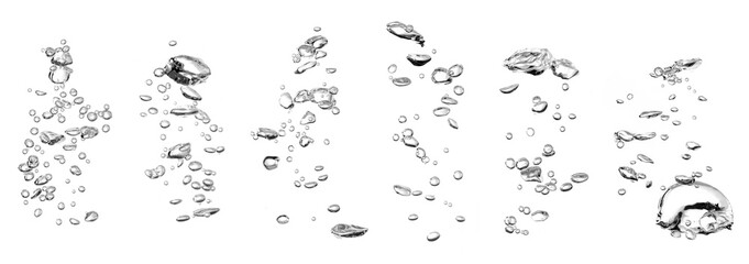 collection water bubble black oxygen air, in underwater clear liquid with bubbles flowing up on the water surface, isolated on a white background