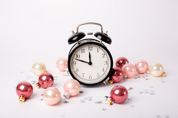 Christmas background alarm clock and Christmas toys on a white background