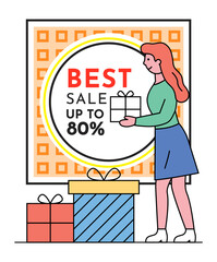 Sale banner with a woman holding gift box standing near advertising poster with lettering best sale up to 80 . Smiling girl with shopping or gifts, discount shopping time, new season sale poster