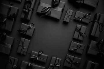 Arranged Gifts boxes wrapped in black paper with black ribbon on black background. Christmas concept