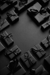 Arranged Gifts boxes wrapped in black paper with black ribbon on black background. Christmas concept
