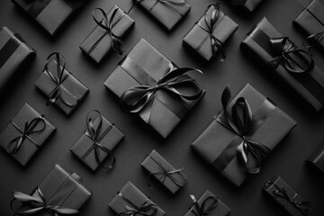 Dark Christmas theme. Square boxed gifts wrapped in black paper and ribbon arranged on black