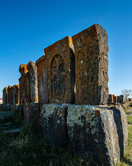 Armenian cross-stones, khachkars at Noratus Cemetary. The cemetery has the largest cluster of...
