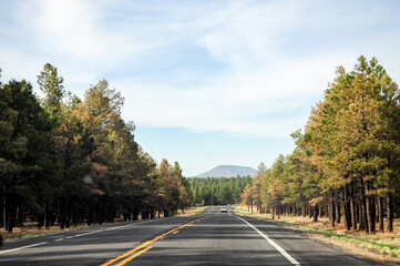 Very straight road going towards Grand Canyon National Park, with some clouds on the horizon and...