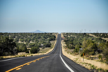 Fototapeta premium Very lonely landscape with some trees on each side of the road without any clouds in the sky, close to Flagstaff Arizona