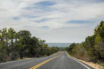 Very straight road going towards Grand Canyon National Park, with some clouds on the horizon and nice green trees on each side of the road.