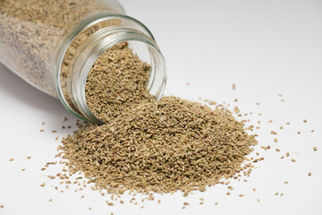 sesame with glass jar, isolated on white background