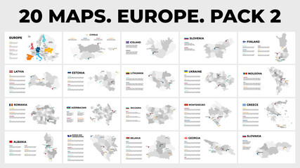 20 Maps. Europe. Vector map infographic templates. Pack 2. Slide presentation. All countries divided into regions. Included flags and tag labels.