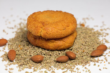 sesame and almonds (without shell), homemade cookies, white background