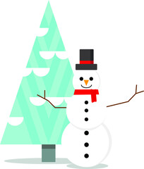 vector illustration of a white snowman near the christmas tree. flat image. snowman in black top hat and red scarf