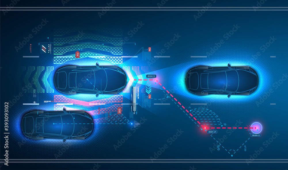 Poster car interface in hud, gui, ui style. automotive sensing system concept. autonomous car. driver assis