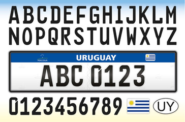 Uruguay car license plate, letters, numbers and symbols, south america, vector illustration