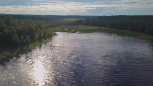 Aerial view of the lake shore in the republic of Karelia, Russia.
