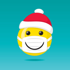 Smiling Face Covered with Santa Hat Protected with Medical Mask with Smile over It Safe Happy New Year 2021 Greeting Concept - Yellow on Turquoise Background - Mixed Graphic Design