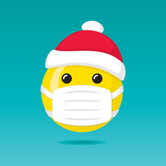 Smiling Face Covered with Santa Hat Protected with Medical Mask Safe Happy New Year 2021 Greeting Concept - Yellow on Turquoise Background - Mixed Graphic Design