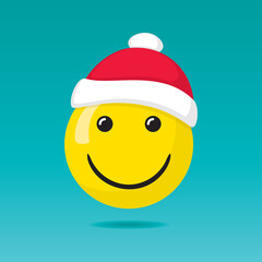 Smiling Happy Face Covered with Santa Hat Happy New Year 2021 Greeting Concept - Yellow on Turquoise Background - Mixed Graphic Design