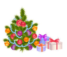 Christmas / New Year decorated tree and gift boxes. Realistic vector illustration, isolated on white.