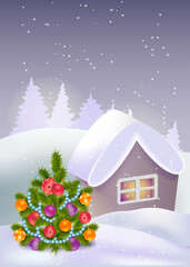 Christmas / New Year landscape. Decorated Christmas tree on the front, small house, showdrifts and forest on the background. Vector banner, greeting card, invitation.