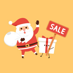 Merry Christmas and happy new year greeting poster. Holiday cartoon character. New year sale poster.