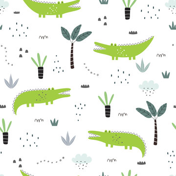 Seamless pattern Cartoon background with crocodile and trees Hand drawn design in kid style, use for print, wallpaper, fabric, textile. Vector illustration