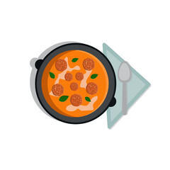 Spicy pumpkin tomato soup with meatballs. Restaurant vector illustration