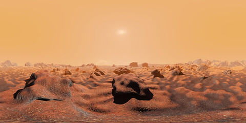landscape of planet Mars, HDRI map, spherical panorama background, 8K light source environment (3d equirectangular render)