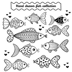 The hand drawn fish collection is isolated on white background.