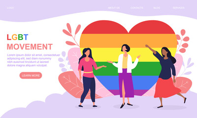 Happy female activists celebrating gay pride. Group of women over rainbow background. LGBT movement or pride concept for banner, website, webpage, landing page template. Cartoon vector illustration
