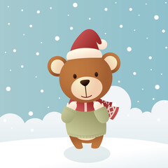 Cute Bear in winter headwear and Snow. Hello Winter, Happy New Year and Merry Christmas concept.