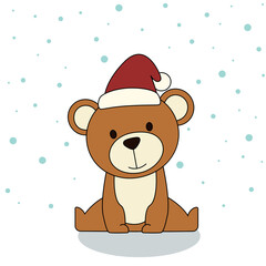 Cute Bear in winter headwear and Snow. Hello Winter, Happy New Year and Merry Christmas concept.