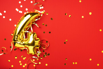 Gold foil balloon number and digit four 4. Birthday greeting card. Anniversary celebration event....