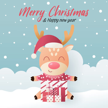 Cute Santa claus with gift box and Snow. Hello Winter, Happy New Year and Merry Christmas concept.