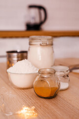 Ingredients for traditional apple pie: apples, eggs, butter, sugar, cinnamon and flour. New Year's Eve concept