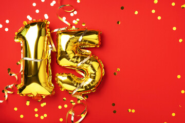 Gold foil balloon number, digit fifteen. Birthday greeting card, inscription 15. Anniversary...