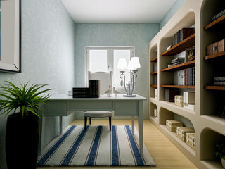 pacious modern residential study design, with laptop, desk, 