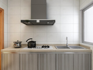 Modern family kitchen design, new cabinets and kitchenware with refrigerators, sunlight from the window.