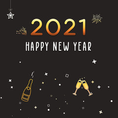 Carte de vœux minimaliste à l'occasion du nouvel an 2021, avec des dessins de champagne et des formes, en anglais
