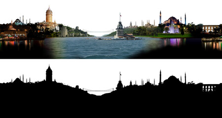 Istanbul skyline, with all important buildings and attractions of the city - photographic composition with corresponding alpha silhouette mask