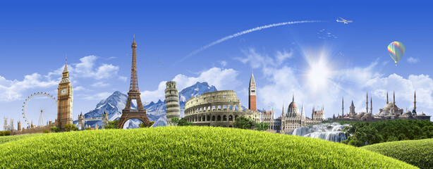 Summer travel across Europe - sunny landscape background with famous landmarks and grassy hill over...