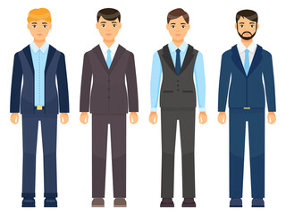 Business man clothes. Young men in office clothes vector illustration. Dress code for male characters set. Persons of various appearance in formal classical suits pants, jacket shir twith tie and vest