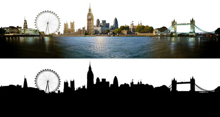 London skyline, with all important buildings and attractions of the city - photographic composition with corresponding alpha silhouette mask - obrazy, fototapety, plakaty