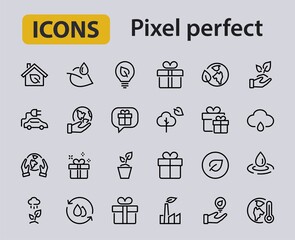 set of ECOLOGY icons, vector lines contains such icons as an electric car, global warming, forest, eco, watering plants, plants and much more. Editable stroke, ecology