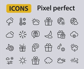 WEATHER set of icons, icons such as weather forecast and clouds, wind, rain, snow, weather settings and sunny weather and much more. Editable stroke, simple vector lines