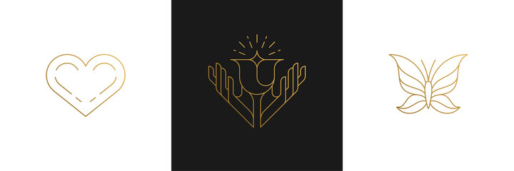 Vector line feminine decoration design elements set - flower and female gesture hands illustrations minimal linear style