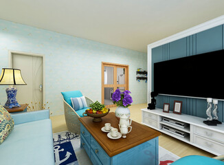spacious living room design of modern residence, with sofa, tea table, decorative painting, etc