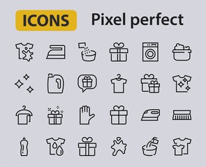 Simple set of washing related vector line Icons. Contains icons such as washing machine, powder, laundry, dirty t-shirt and much more. On a white background, editable stroke. 48x48 pixels perfect