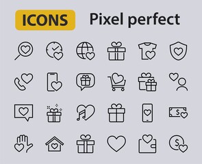 The set of icons about love contains such icons as love of music, declaration of love, heart, favorite home, Linear set. Vector on a white background. Editable stroke. 480x480